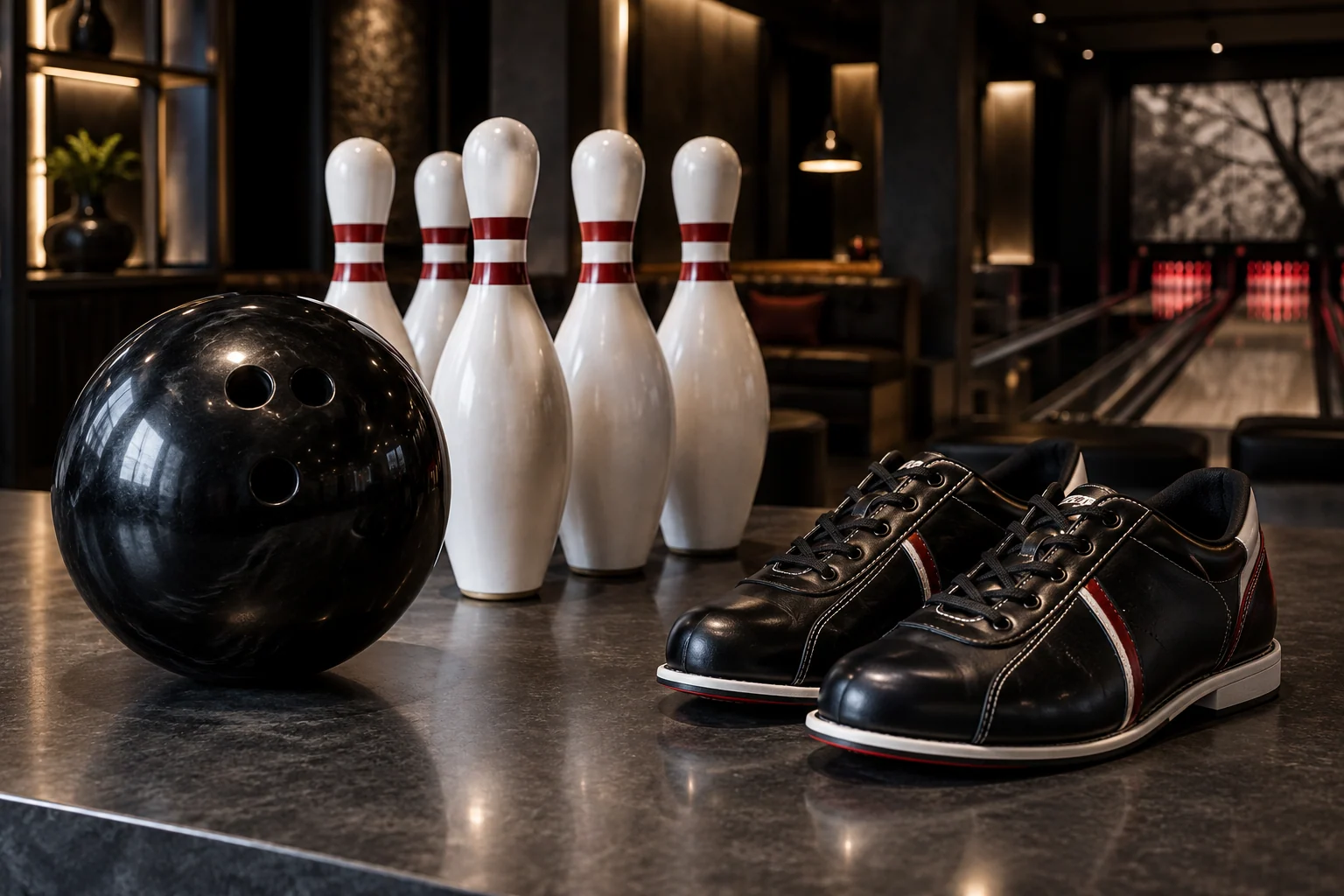 Ilustrační uspořádání bowlingové koule, kuželek a obuvi na tmavém pultu