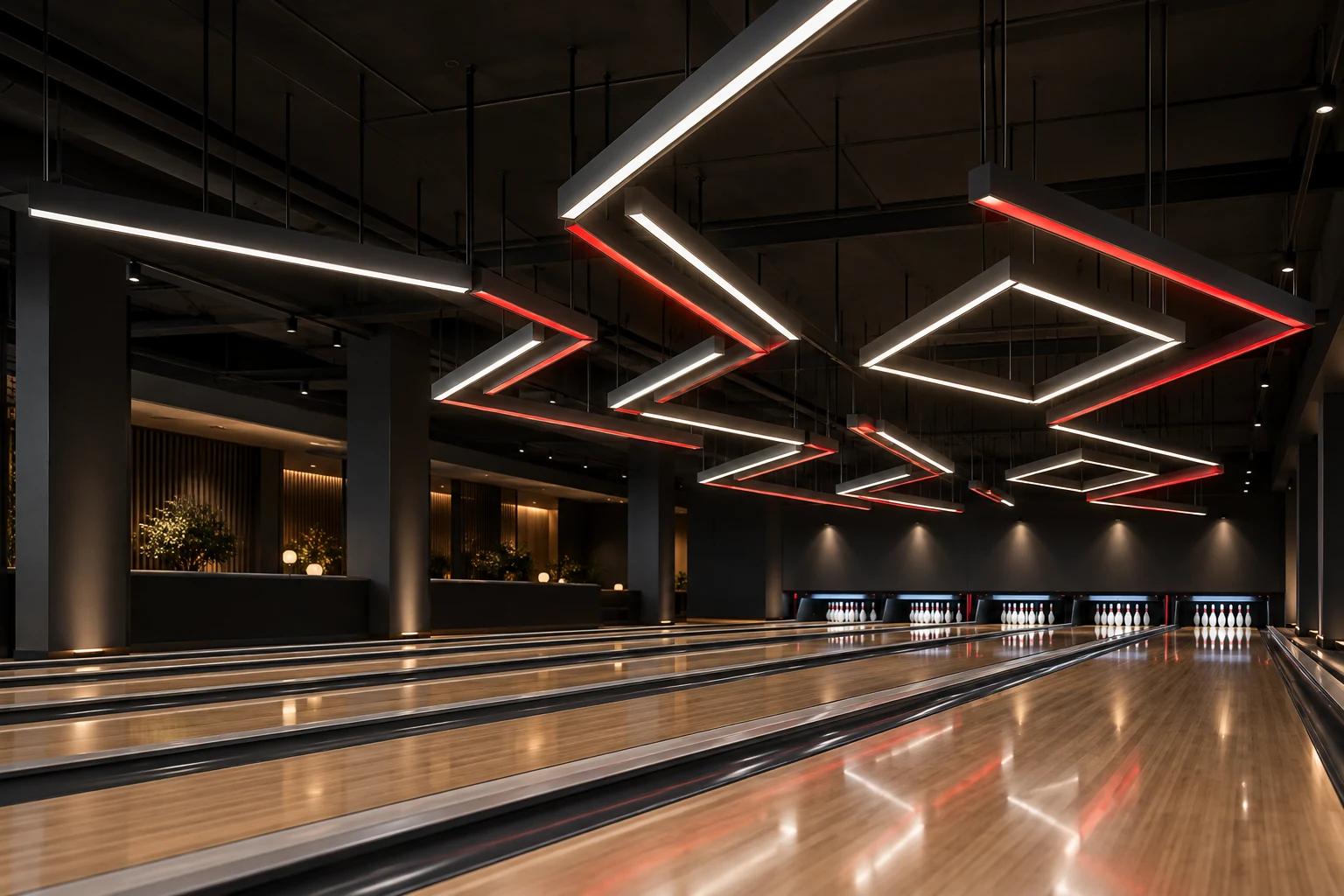 Illustratives Konzept geometrischer roter und weißer LED-Leuchten über Bowlingbahnen