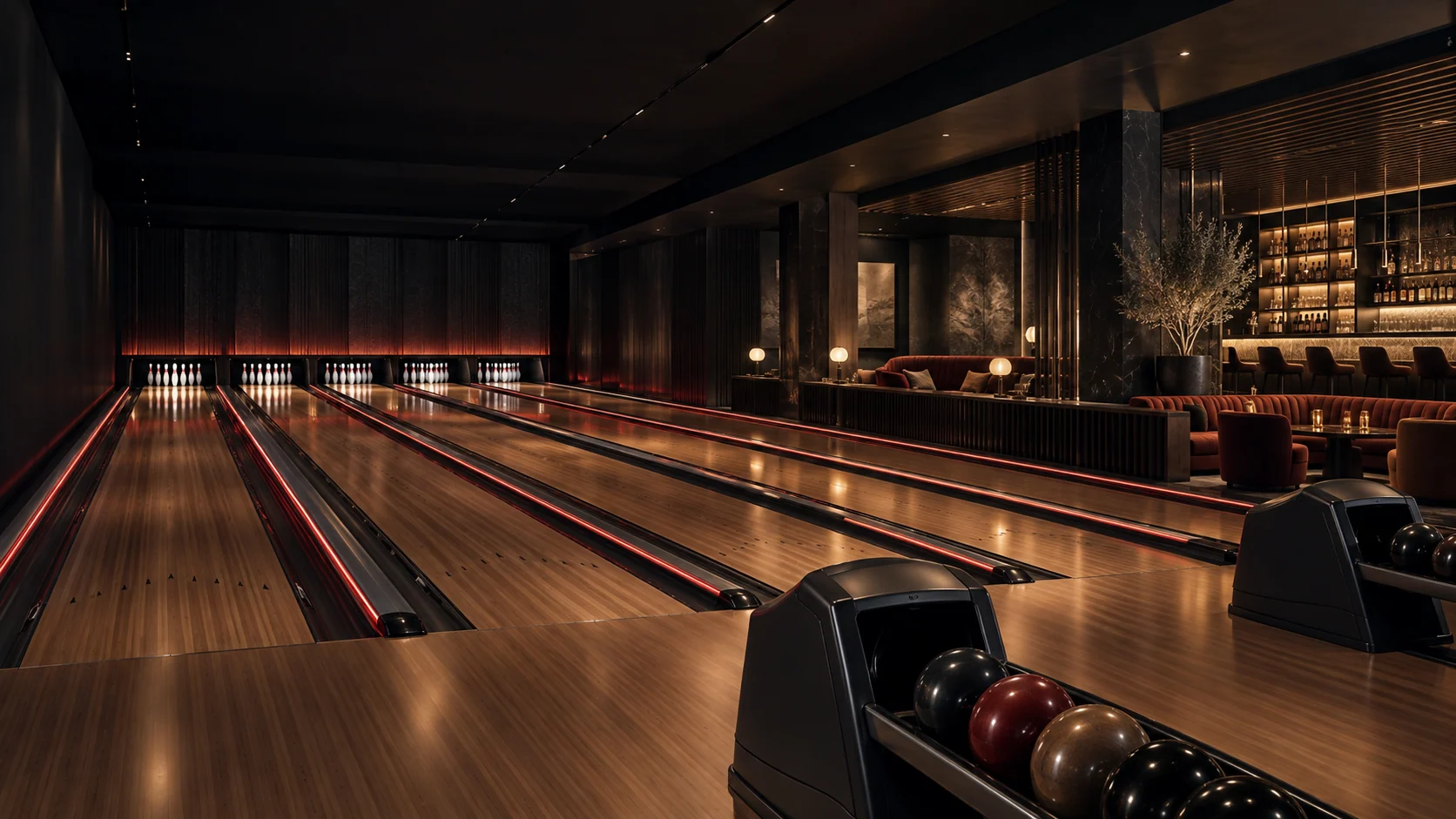 Ilustrační bowlingové centrum s osvětlenými drahami, salonkem a přesným červeným stropním osvětlením